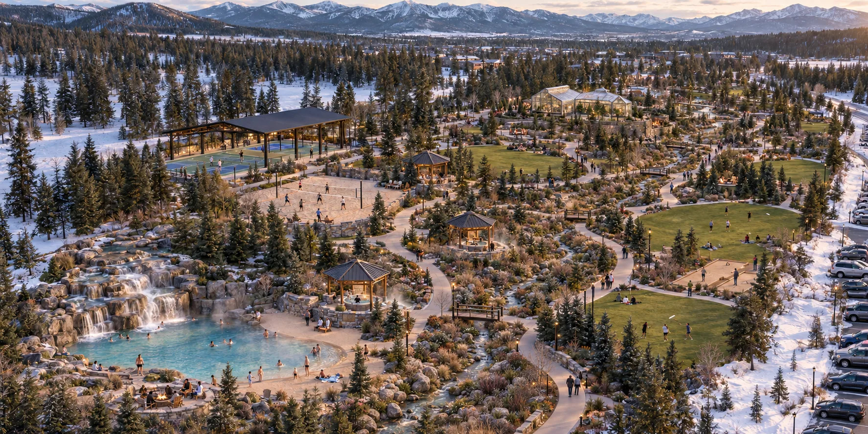 Concept aerial of a snowy civic park with a warm pond, covered courts, gardens, paths, lawns, and gathering pavilions