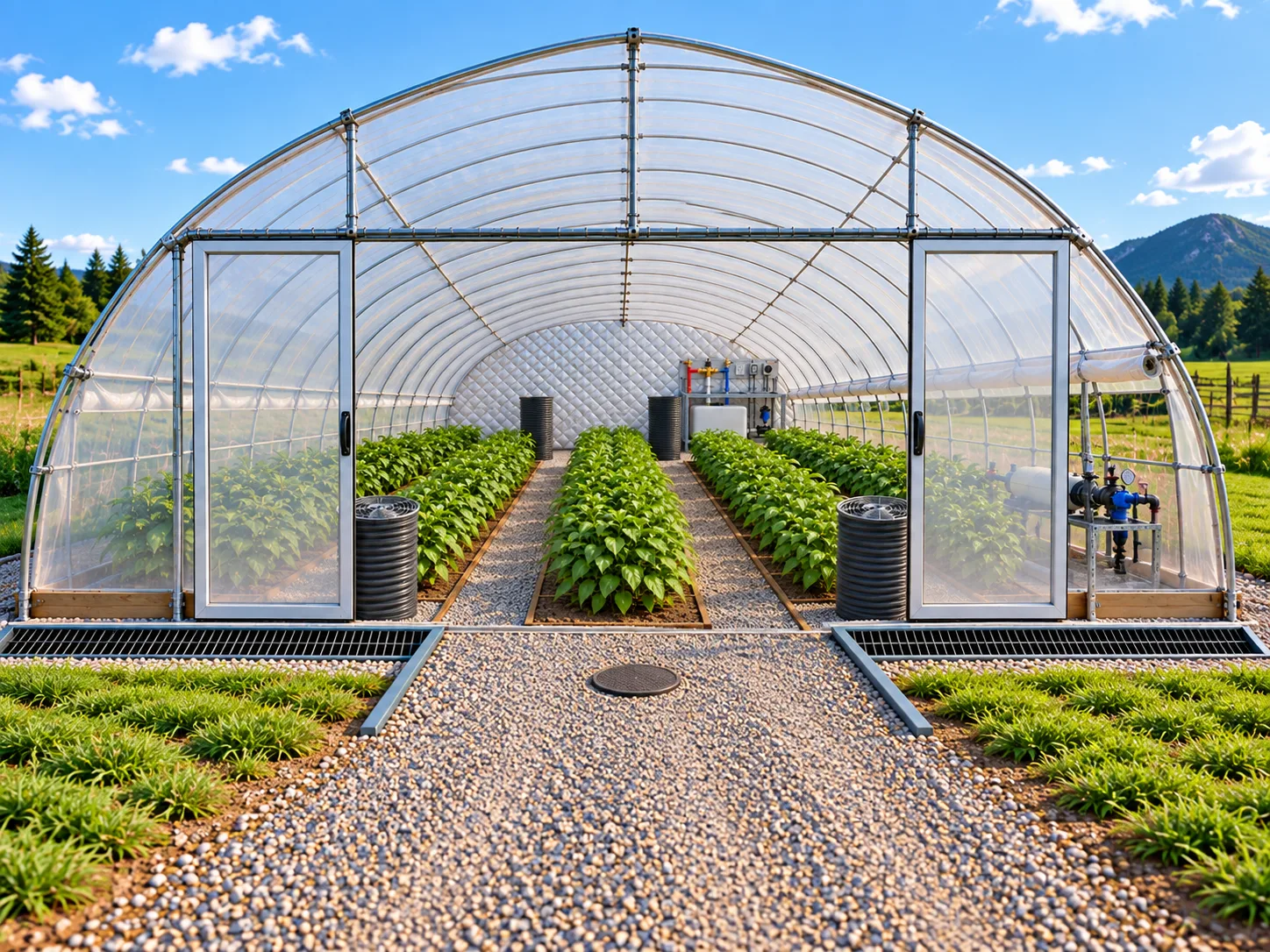 GigaTown North concept view into a FarmCo greenhouse with rows of crops in summer