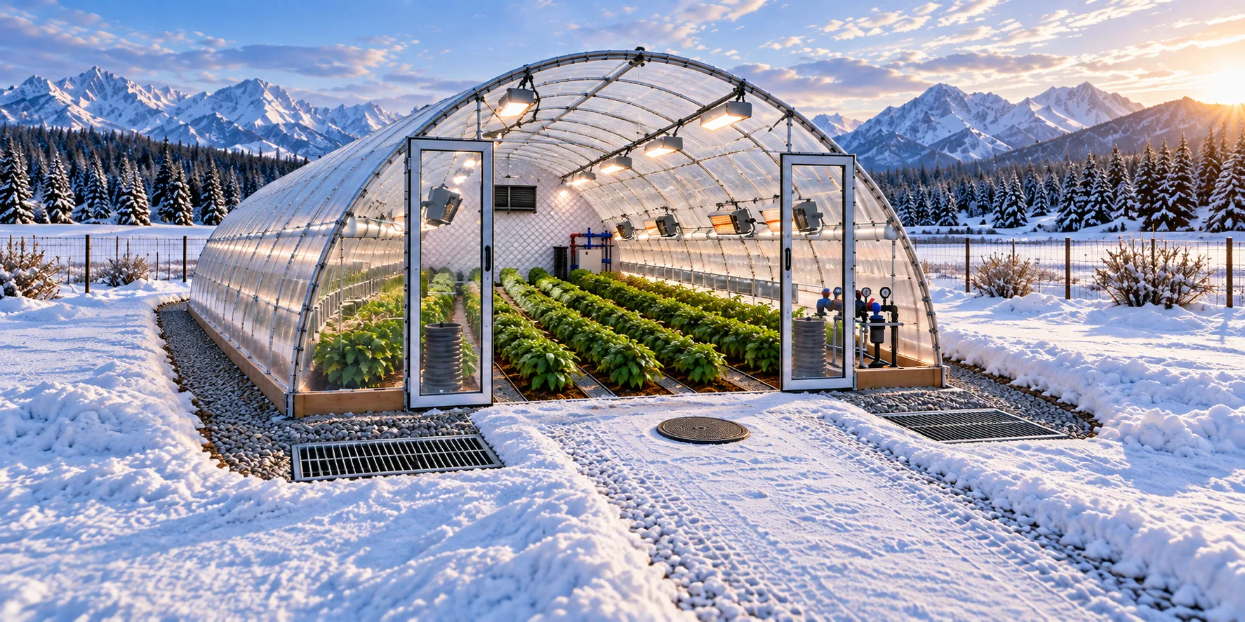 GigaTown North concept: a lit FarmCo greenhouse growing crops in a snowy mountain landscape