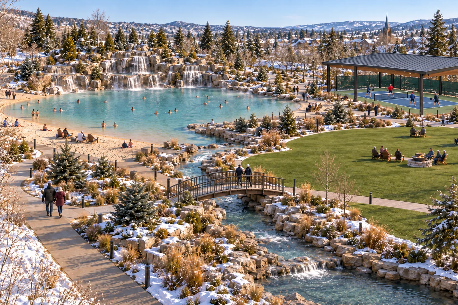 GigaTown North concept: people gathering beside a warm outdoor pond, covered courts, lawn, bridge, and pavilion in a snowy mountain setting