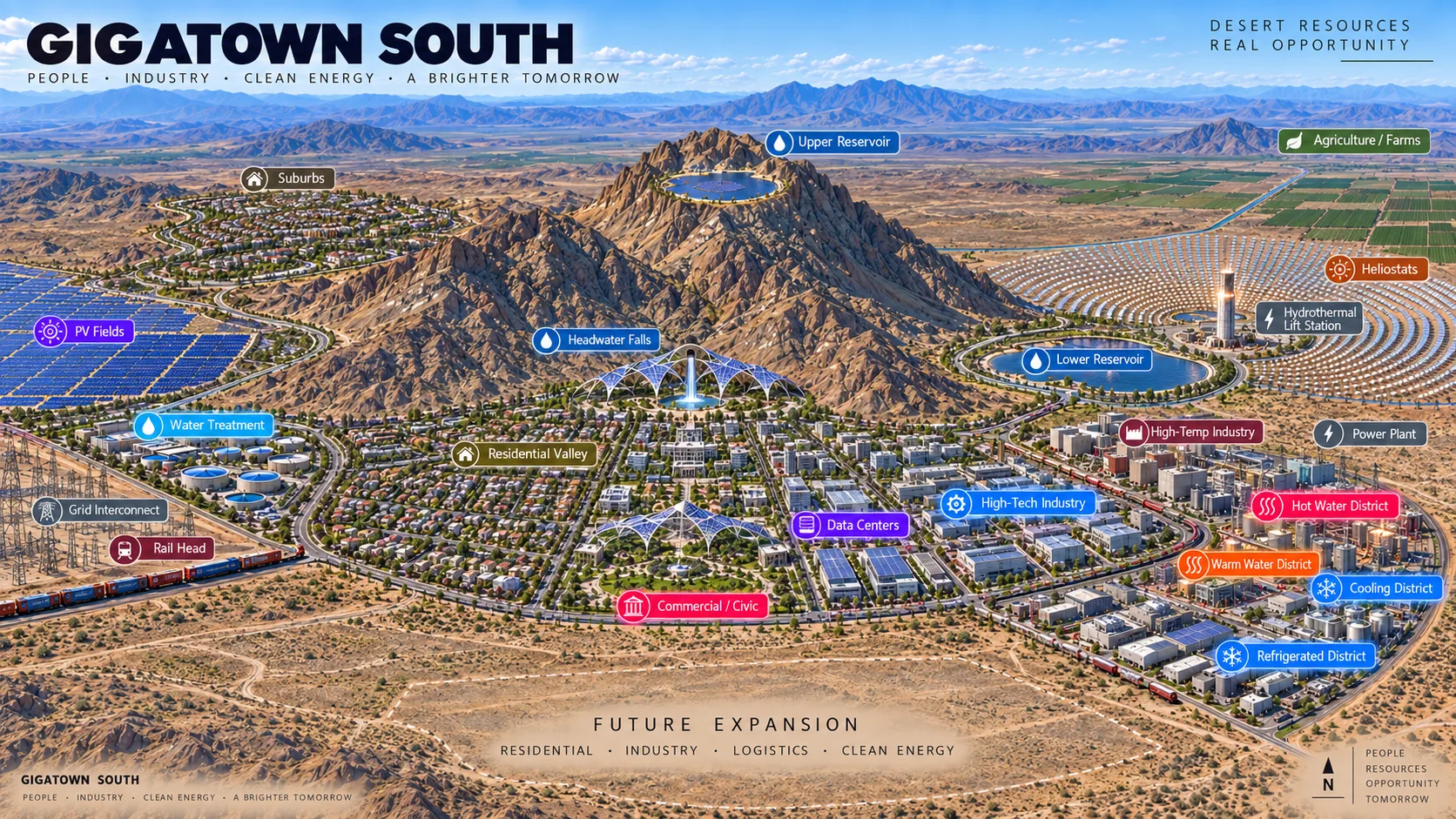 GigaTown South concept: mountain water storage, farms, homes, water treatment, compute, industry, solar fields, and transport links